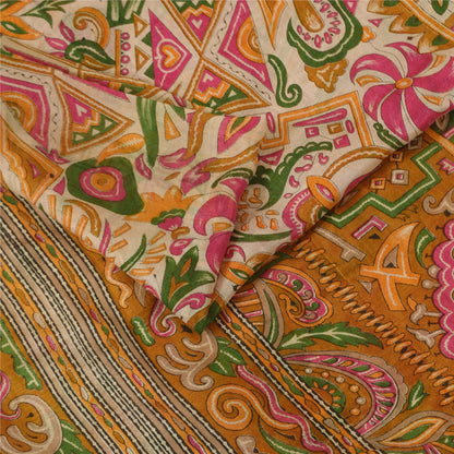 Sanskriti Vintage Sarees Ivory Indian Pure Silk Printed Sari 5+yd Craft Fabric