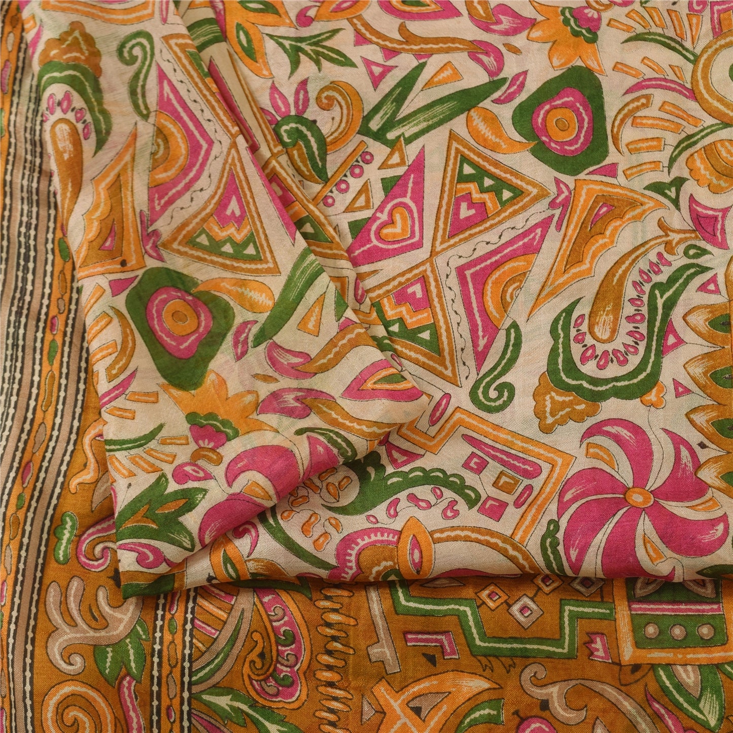 Sanskriti Vintage Sarees Ivory Indian Pure Silk Printed Sari 5+yd Craft Fabric