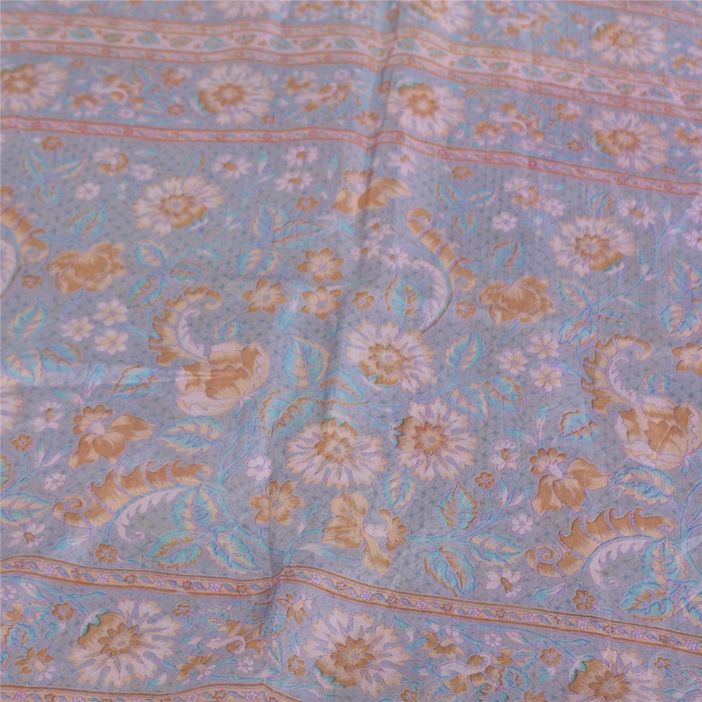 Sanskriti Vintage Sarees Grayish Blue Zari Border Pure Silk Printed Sari Fabric
