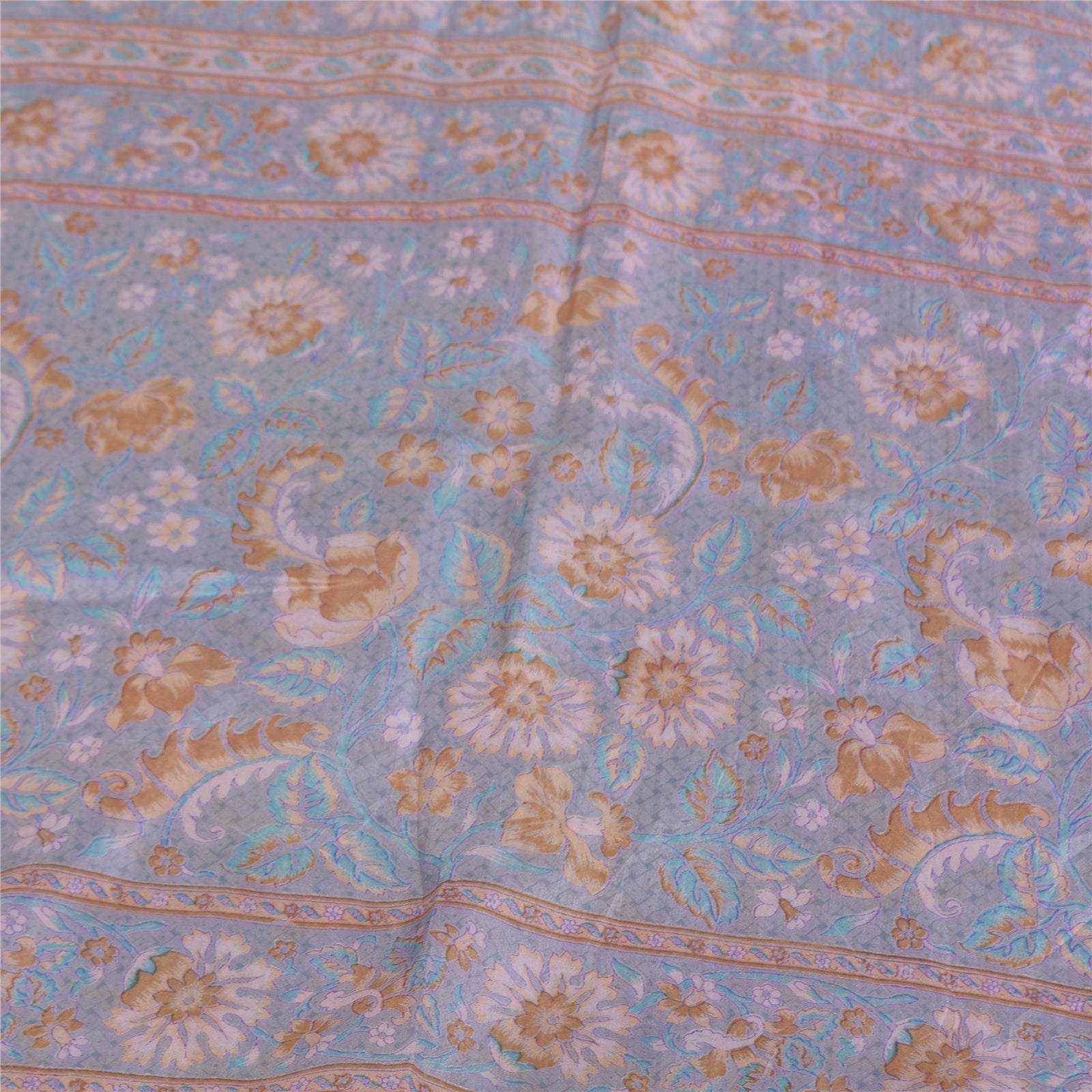 Sanskriti Vintage Sarees Grayish Blue Zari Border Pure Silk Printed Sari Fabric
