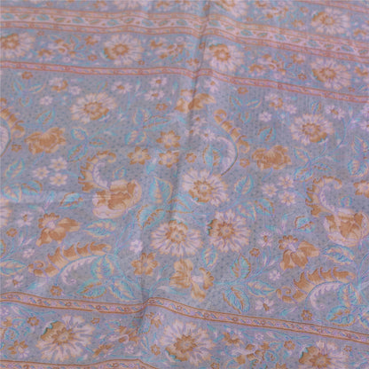 Sanskriti Vintage Sarees Grayish Blue Zari Border Pure Silk Printed Sari Fabric