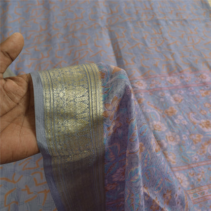 Sanskriti Vintage Sarees Grayish Blue Zari Border Pure Silk Printed Sari Fabric