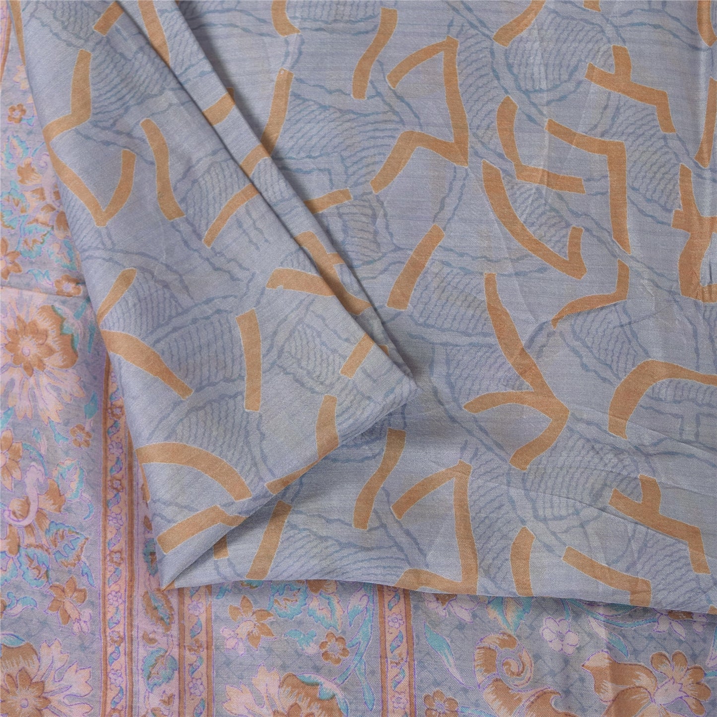 Sanskriti Vintage Sarees Grayish Blue Zari Border Pure Silk Printed Sari Fabric