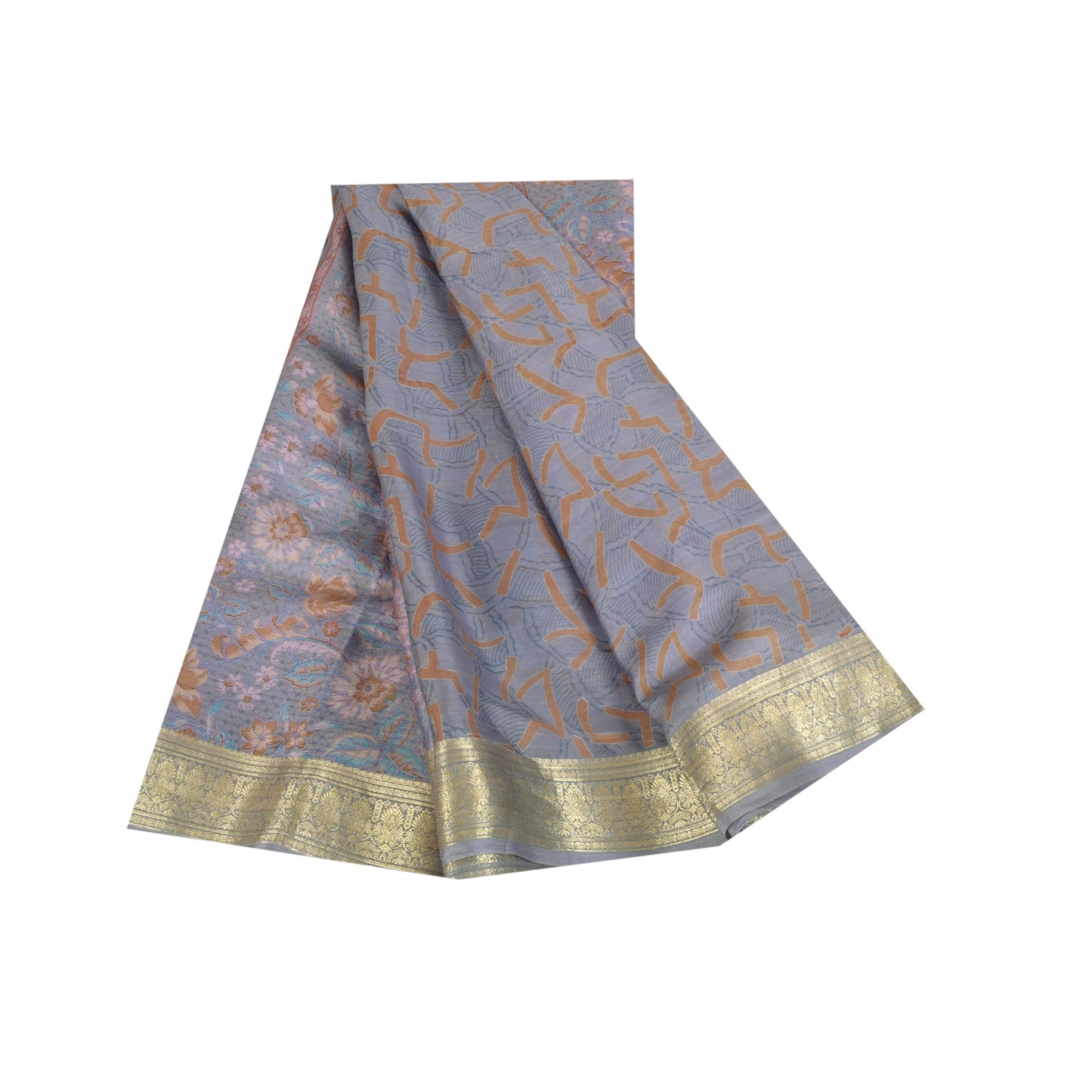 Sanskriti Vintage Sarees Grayish Blue Zari Border Pure Silk Printed Sari Fabric