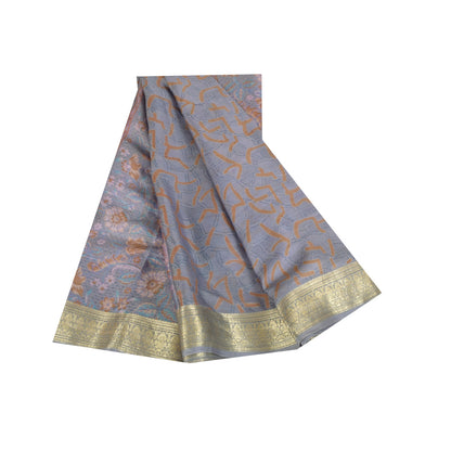 Sanskriti Vintage Sarees Grayish Blue Zari Border Pure Silk Printed Sari Fabric