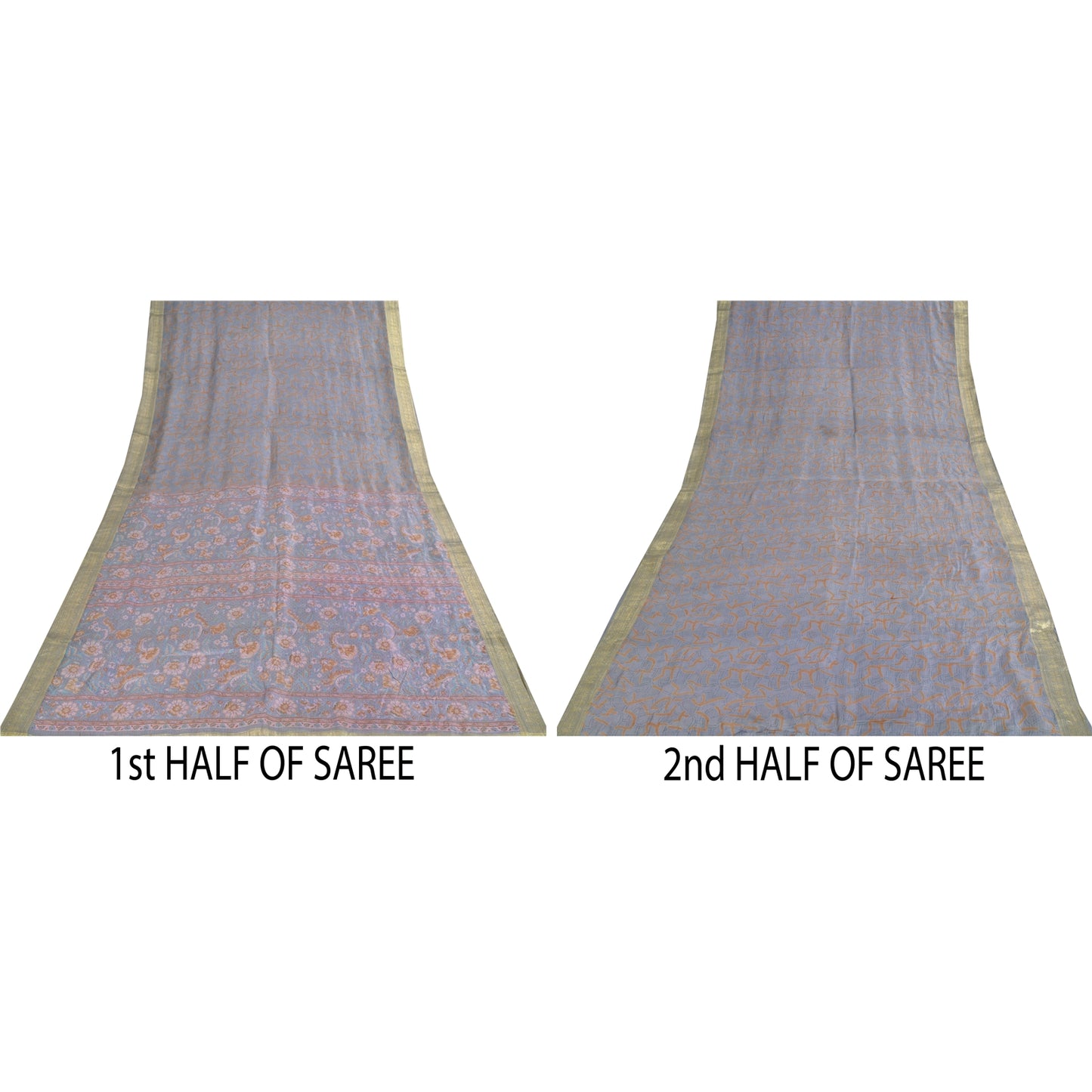 Sanskriti Vintage Sarees Grayish Blue Zari Border Pure Silk Printed Sari Fabric