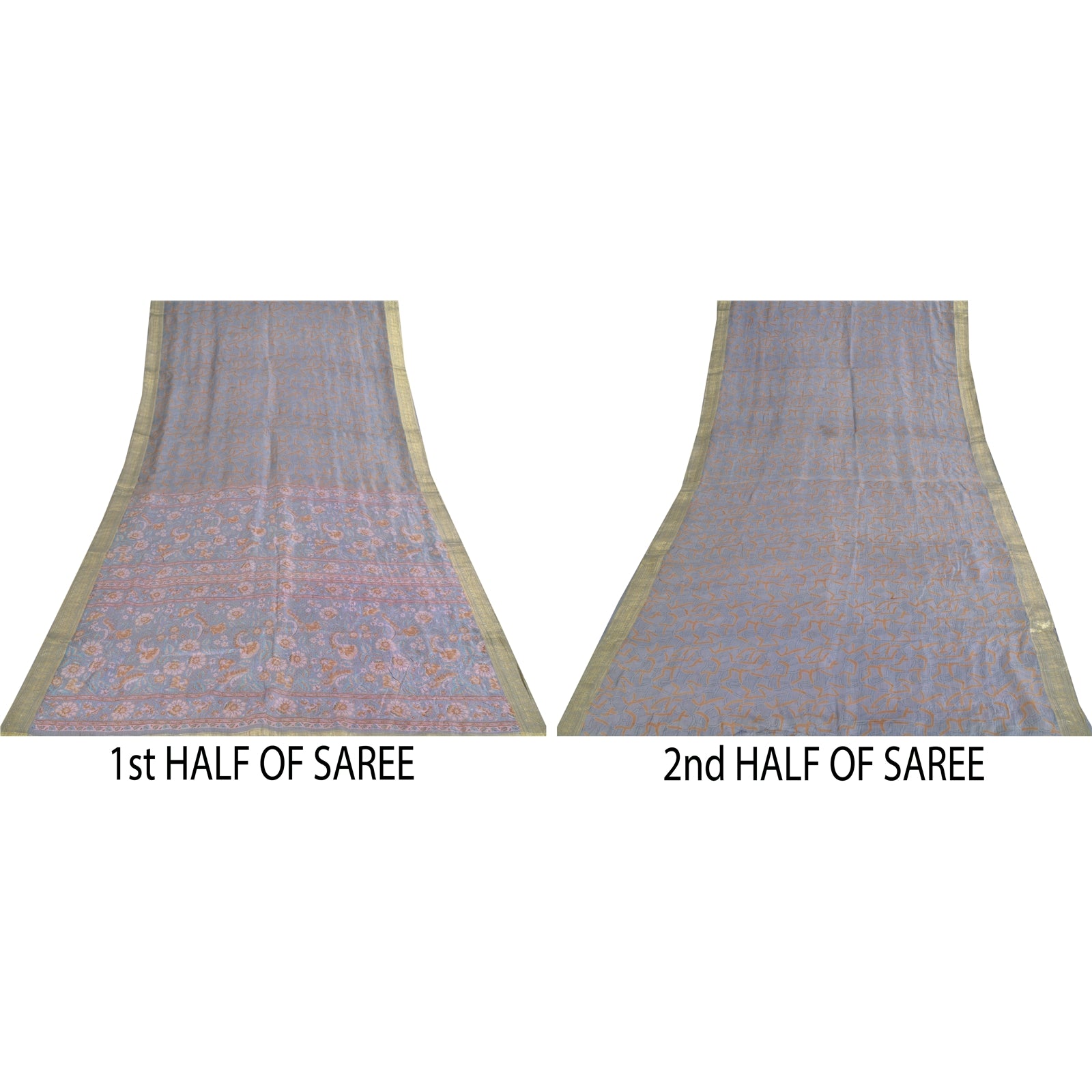 Sanskriti Vintage Sarees Grayish Blue Zari Border Pure Silk Printed Sari Fabric