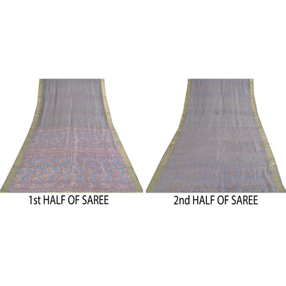 Sanskriti Vintage Sarees Grayish Blue Zari Border Pure Silk Printed Sari Fabric