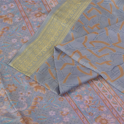 Sanskriti Vintage Sarees Grayish Blue Zari Border Pure Silk Printed Sari Fabric