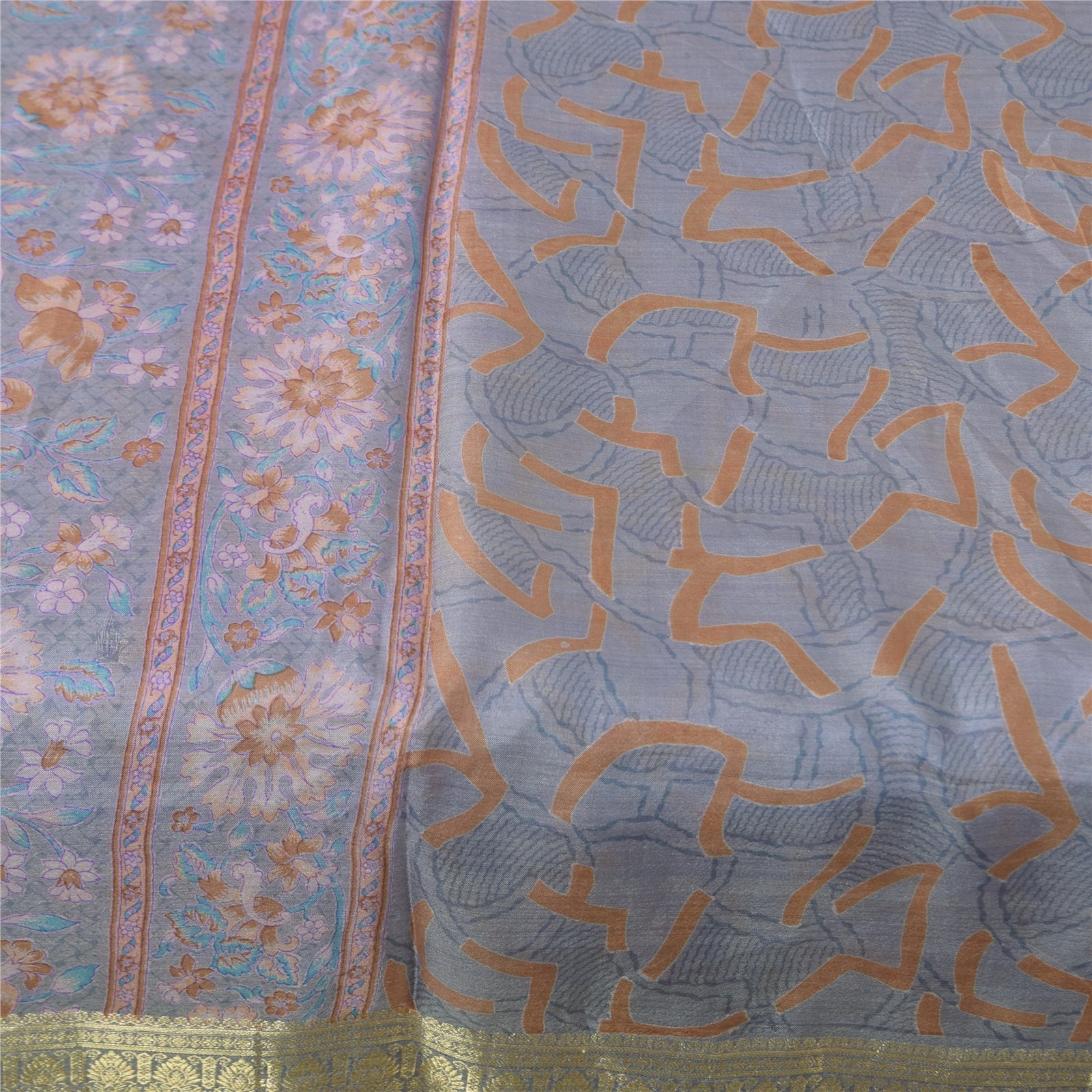 Sanskriti Vintage Sarees Grayish Blue Zari Border Pure Silk Printed Sari Fabric