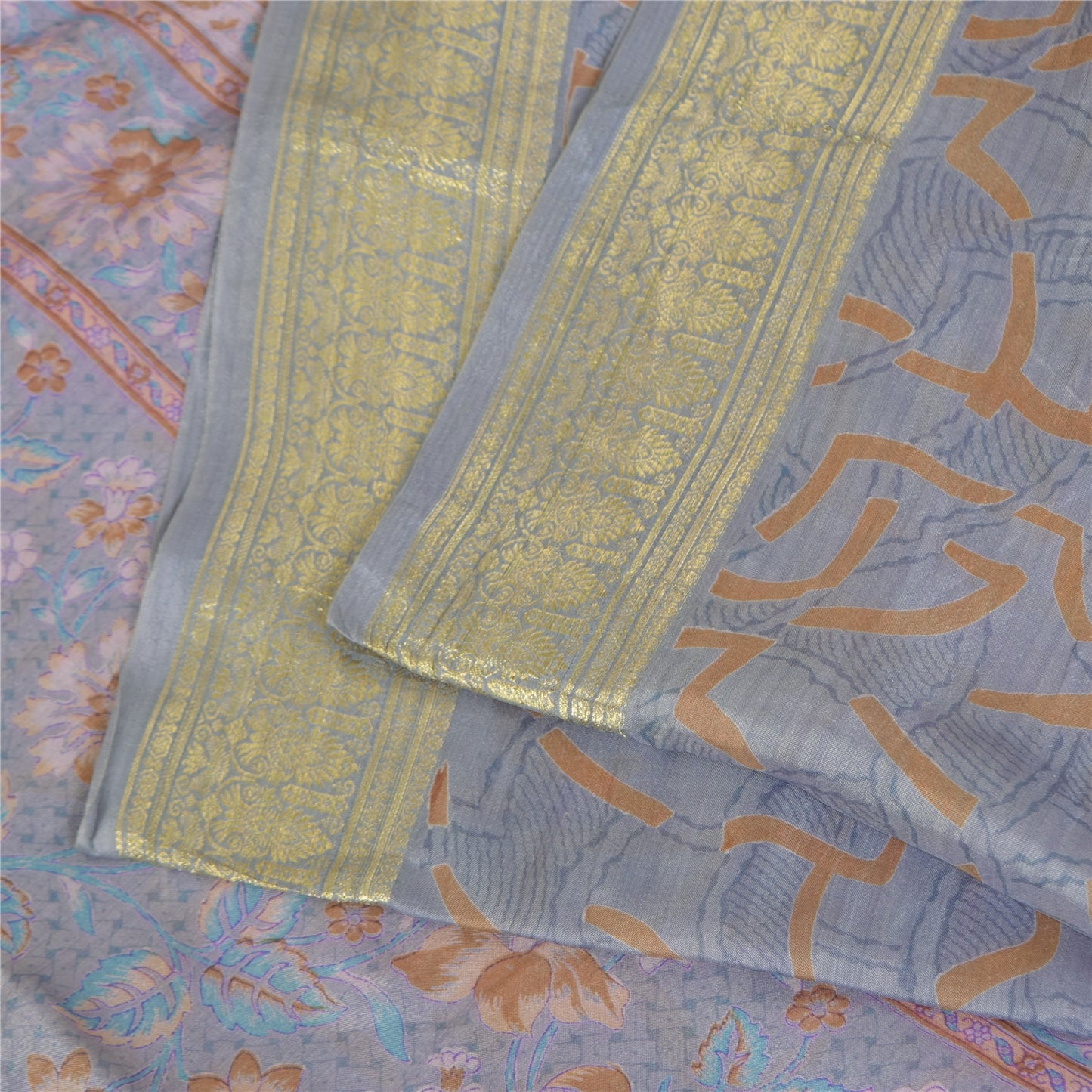 Sanskriti Vintage Sarees Grayish Blue Zari Border Pure Silk Printed Sari Fabric