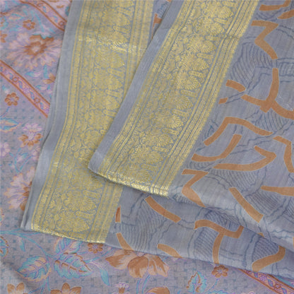 Sanskriti Vintage Sarees Grayish Blue Zari Border Pure Silk Printed Sari Fabric