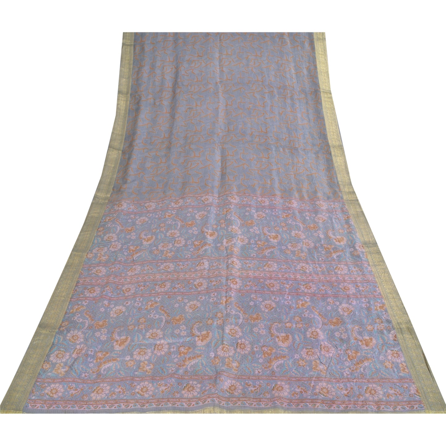 Sanskriti Vintage Sarees Grayish Blue Zari Border Pure Silk Printed Sari Fabric