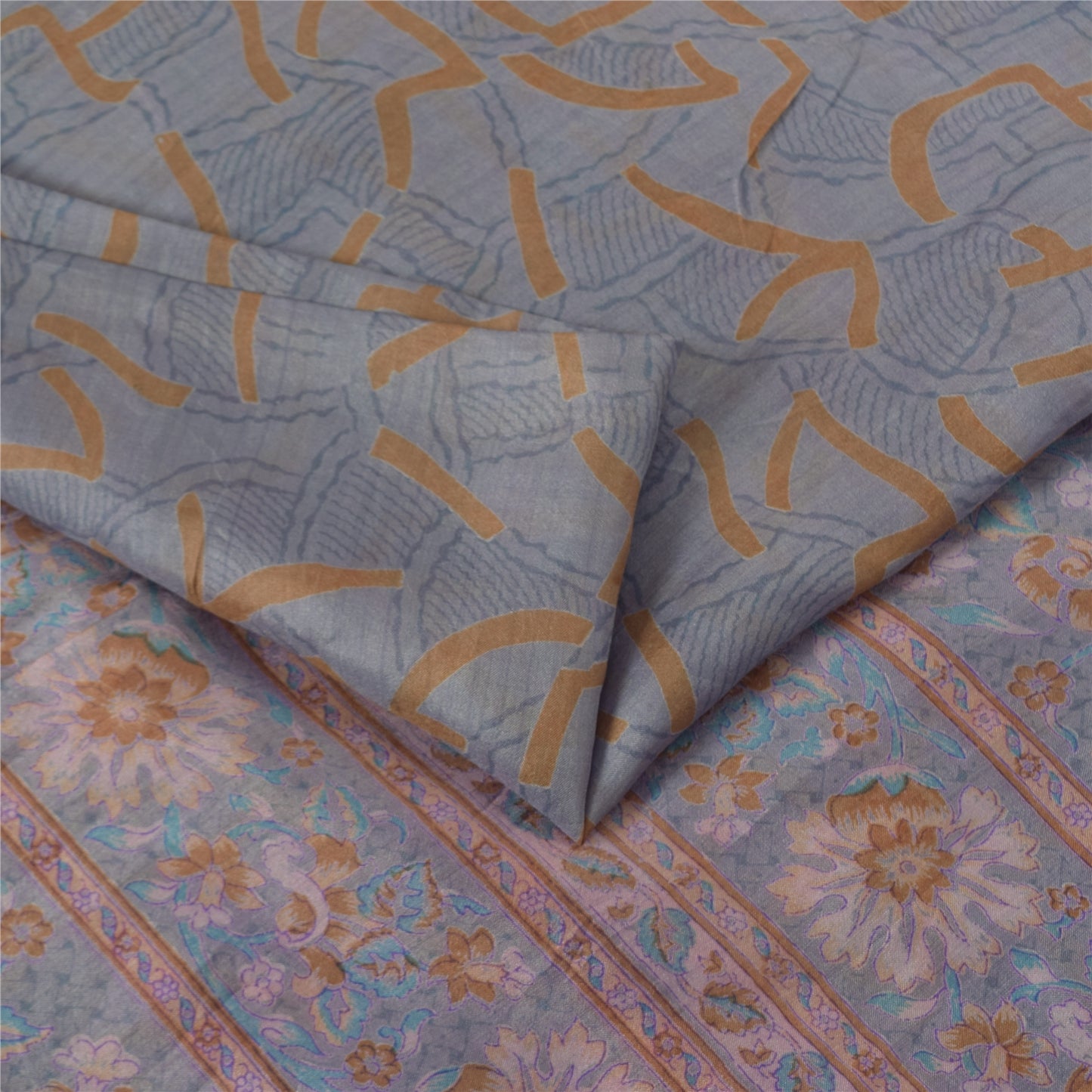 Sanskriti Vintage Sarees Grayish Blue Zari Border Pure Silk Printed Sari Fabric