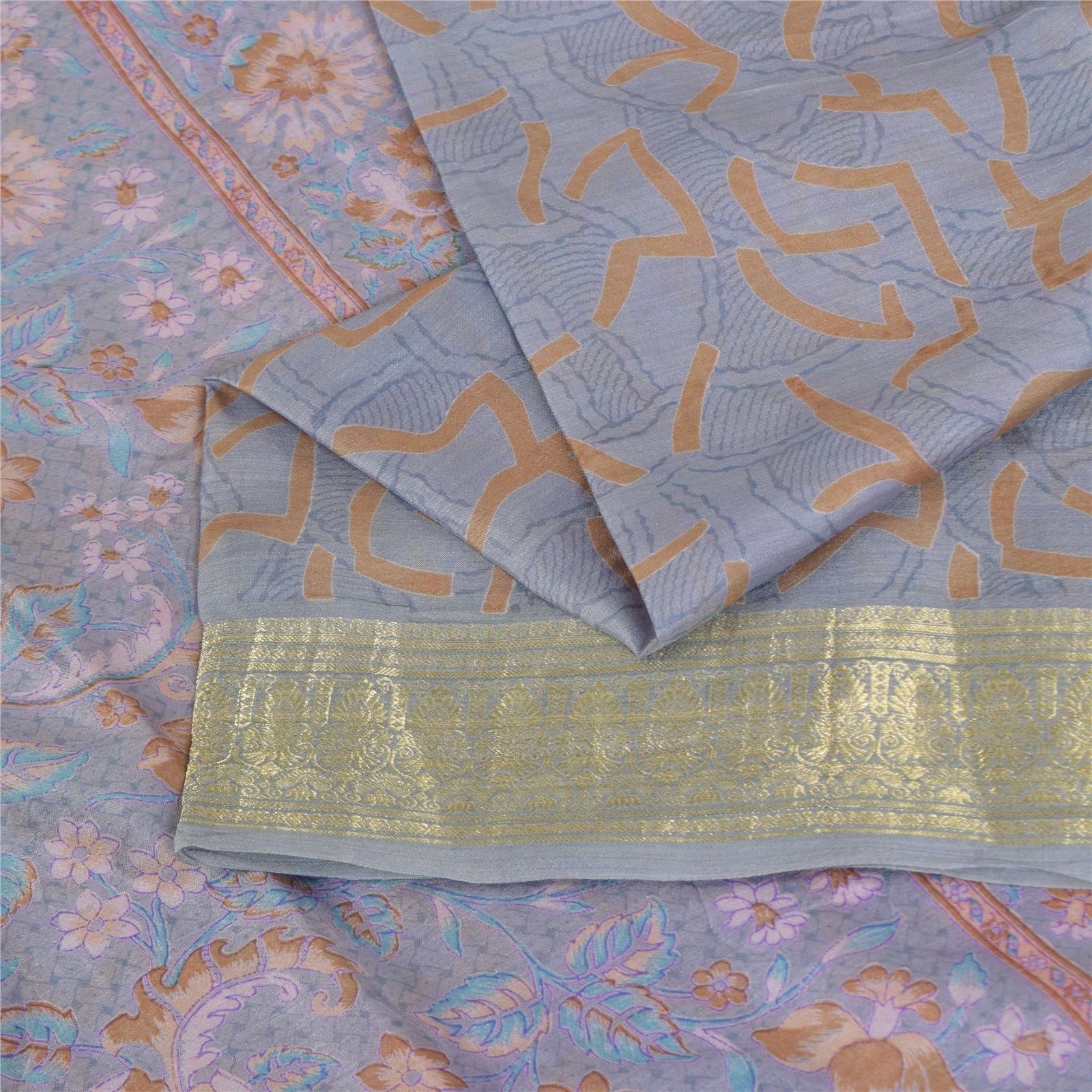 Sanskriti Vintage Sarees Grayish Blue Zari Border Pure Silk Printed Sari Fabric