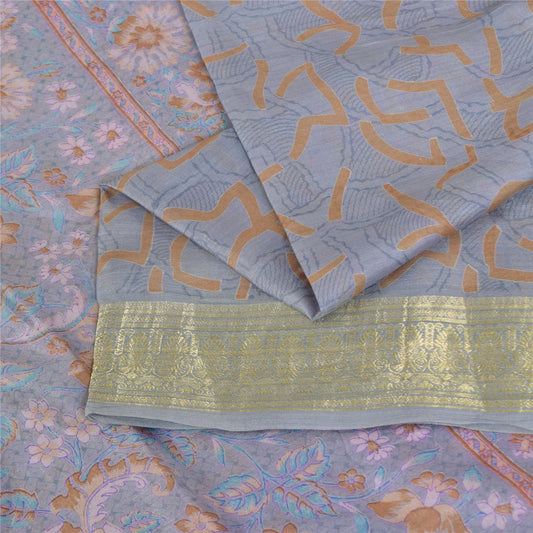 Sanskriti Vintage Sarees Grayish Blue Zari Border Pure Silk Printed Sari Fabric
