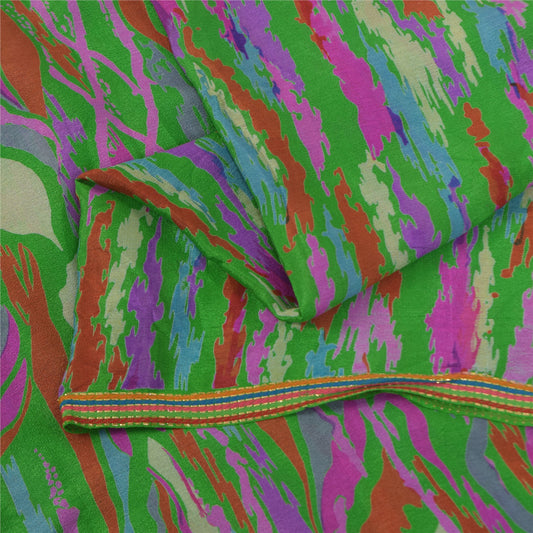 Sanskriti Vintage Sarees Green Indian Pure Silk Printed Sari 5+yd Craft Fabric