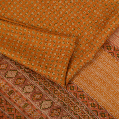 Sanskriti Vintage Sarees Saffron Indian Pure Silk Printed Sari 6+yd Craft Fabric