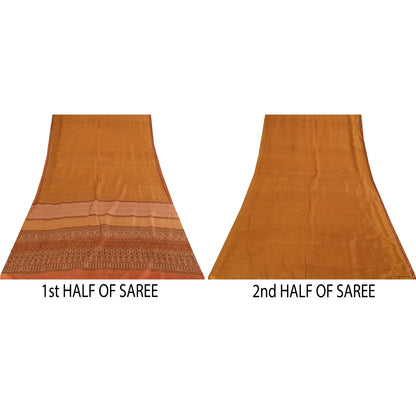 Sanskriti Vintage Sarees Saffron Indian Pure Silk Printed Sari 6+yd Craft Fabric