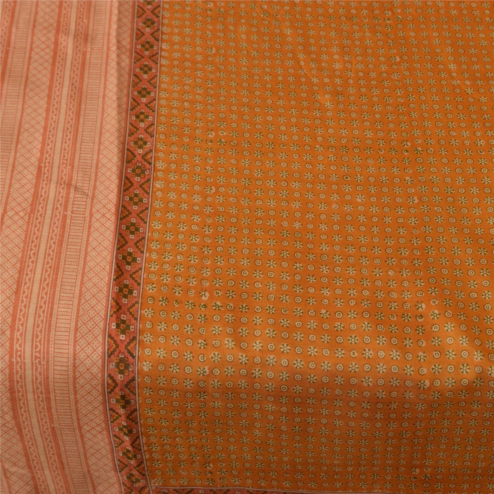 Sanskriti Vintage Sarees Saffron Indian Pure Silk Printed Sari 6+yd Craft Fabric