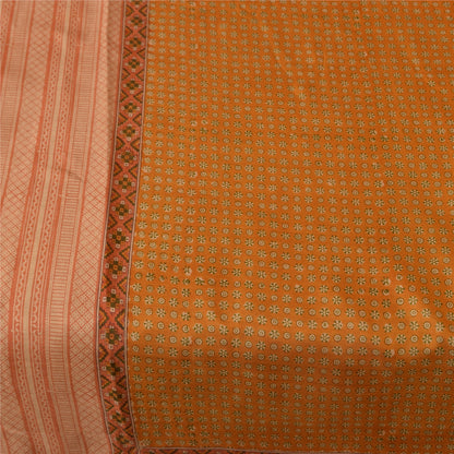 Sanskriti Vintage Sarees Saffron Indian Pure Silk Printed Sari 6+yd Craft Fabric