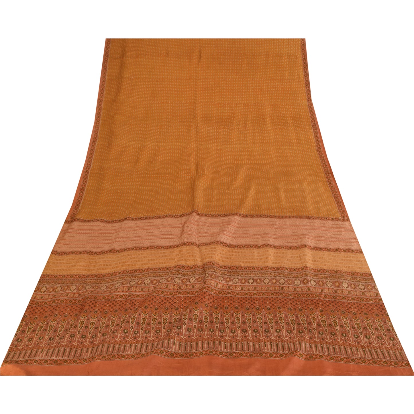 Sanskriti Vintage Sarees Saffron Indian Pure Silk Printed Sari 6+yd Craft Fabric