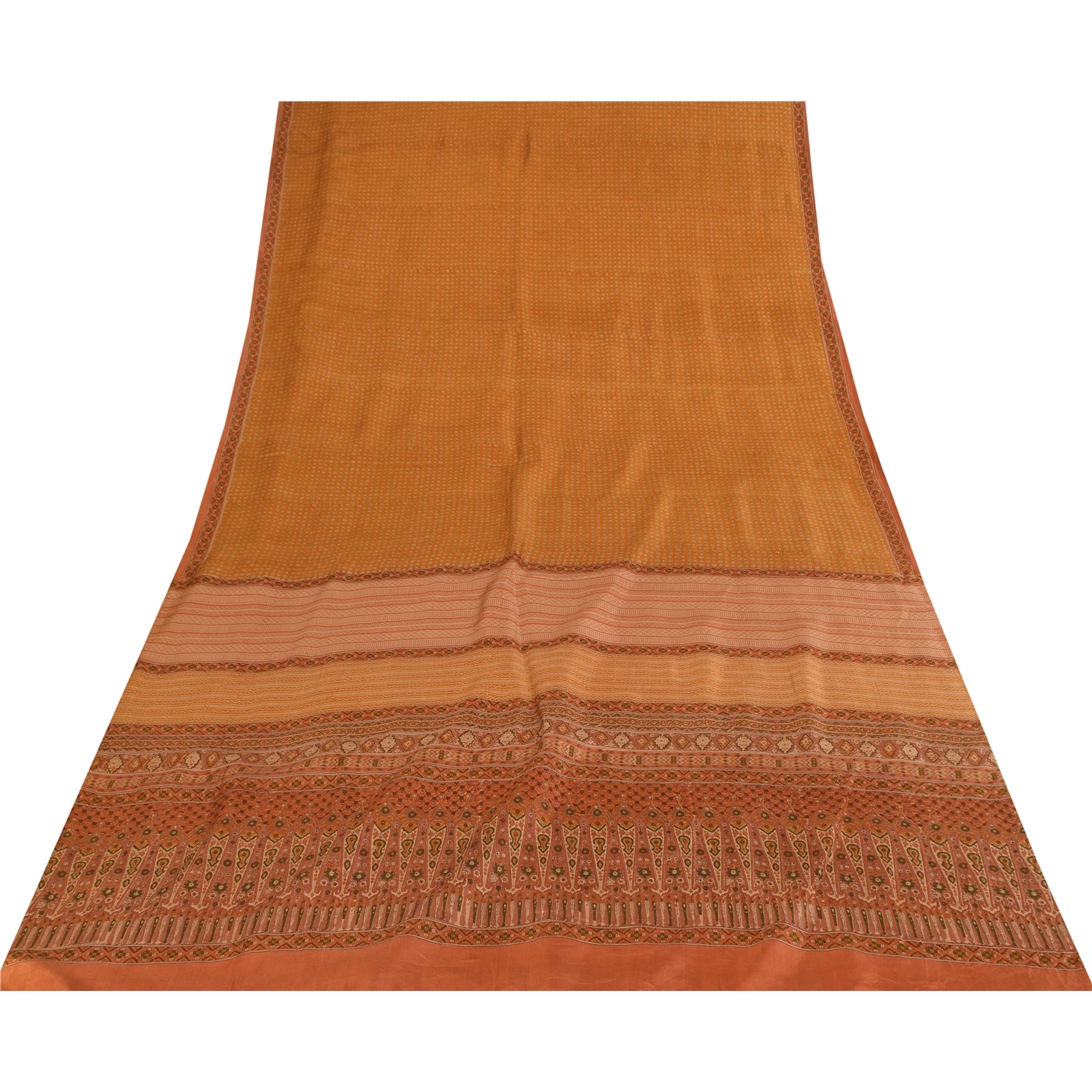 Sanskriti Vintage Sarees Saffron Indian Pure Silk Printed Sari 6+yd Craft Fabric