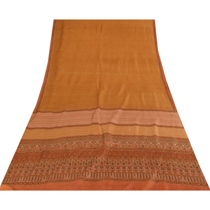 Sanskriti Vintage Sarees Saffron Indian Pure Silk Printed Sari 6+yd Craft Fabric