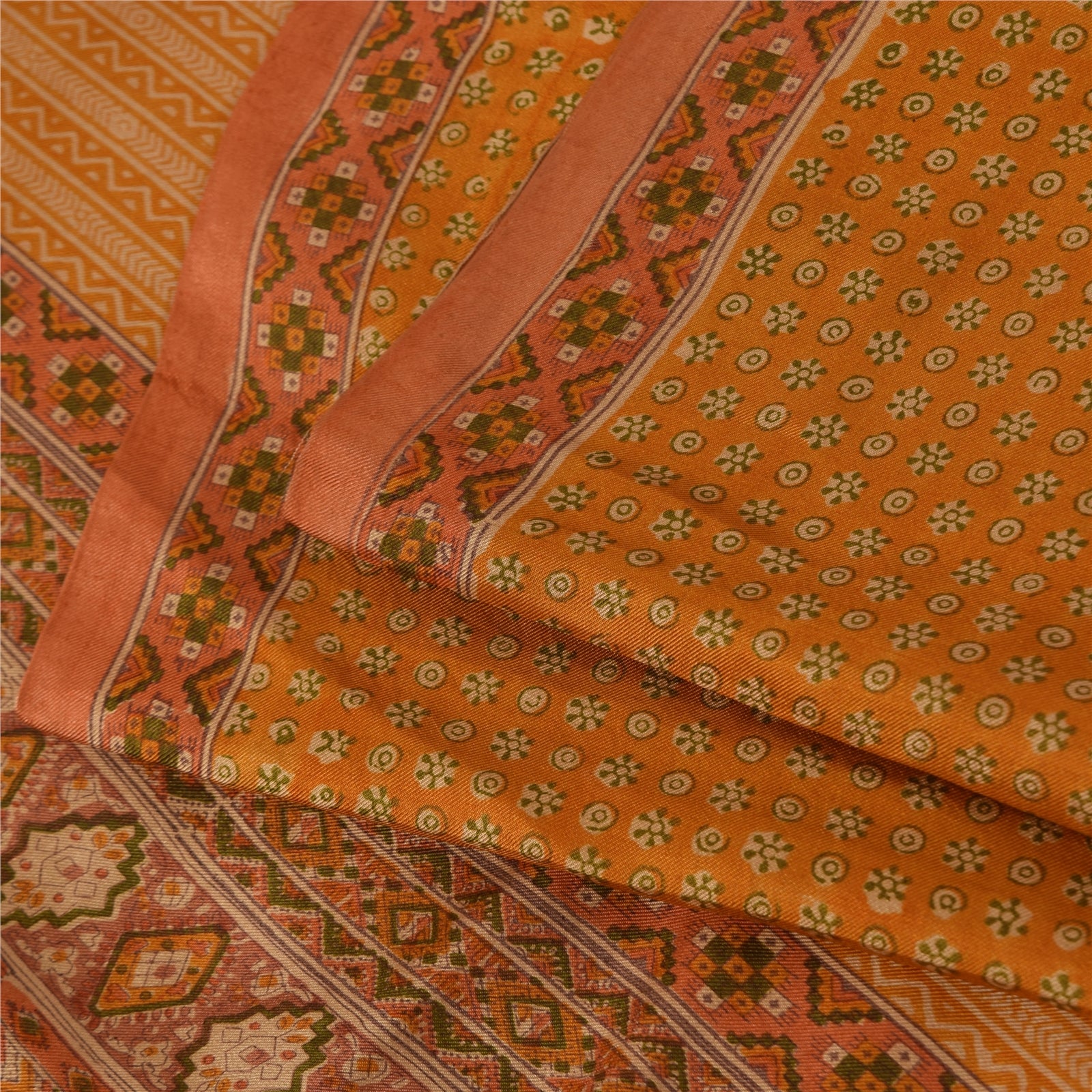 Sanskriti Vintage Sarees Saffron Indian Pure Silk Printed Sari 6+yd Craft Fabric
