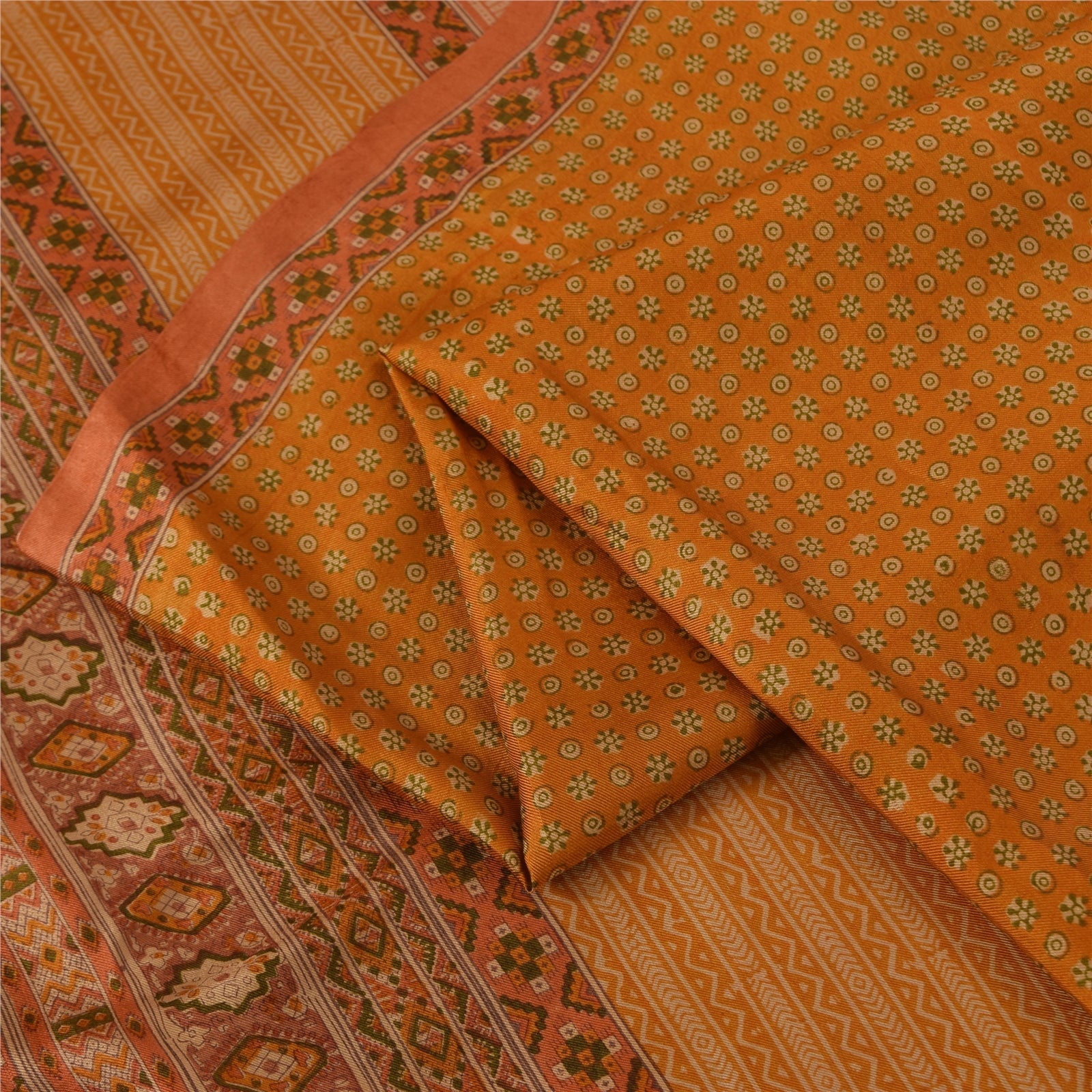 Sanskriti Vintage Sarees Saffron Indian Pure Silk Printed Sari 6+yd Craft Fabric