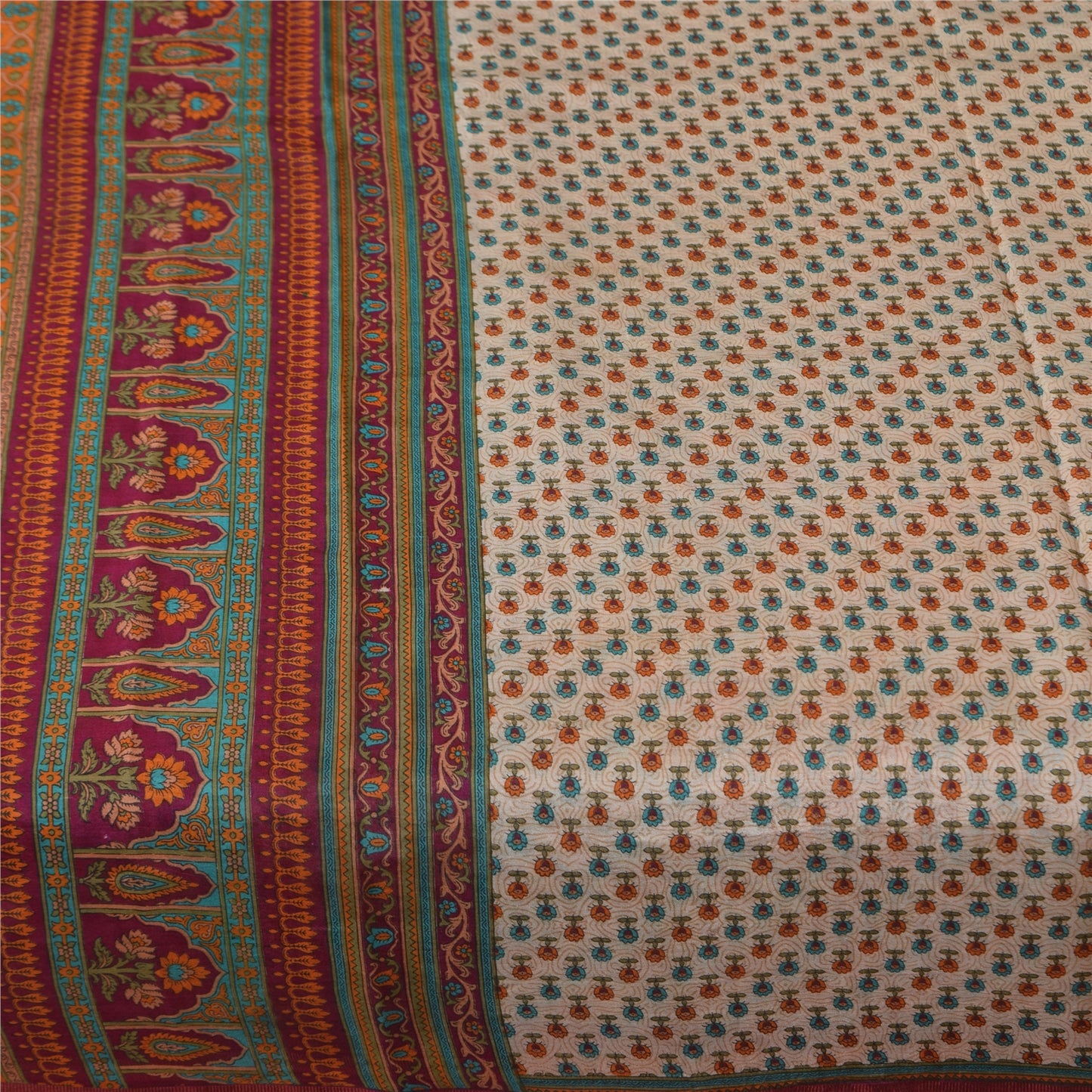 Sanskriti Vintage Sarees Ivory Indian Pure Silk Printed Sari 5+yd Craft Fabric