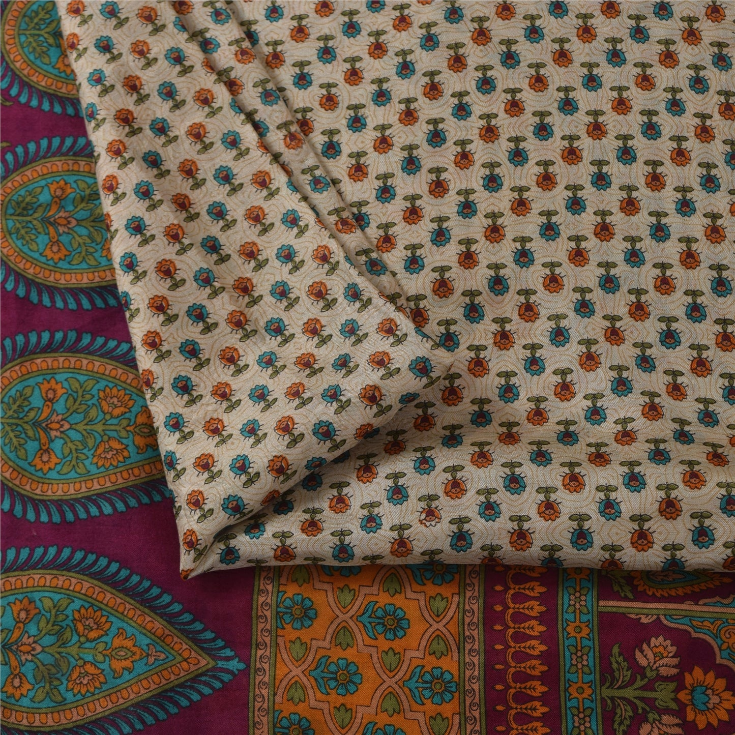 Sanskriti Vintage Sarees Ivory Indian Pure Silk Printed Sari 5+yd Craft Fabric