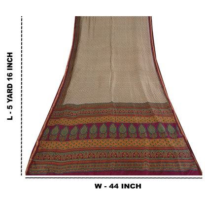 Sanskriti Vintage Sarees Ivory Indian Pure Silk Printed Sari 5+yd Craft Fabric