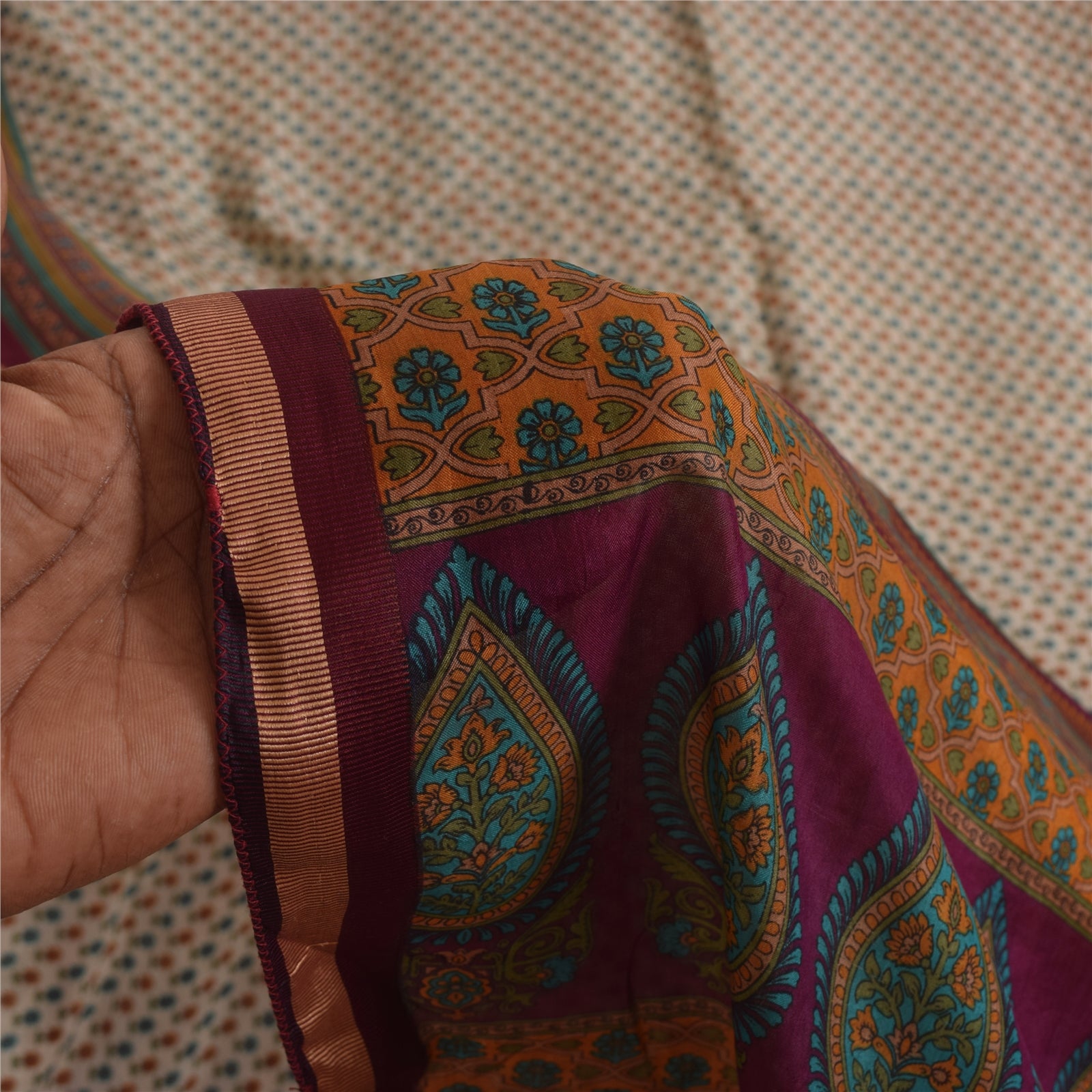 Sanskriti Vintage Sarees Ivory Indian Pure Silk Printed Sari 5+yd Craft Fabric