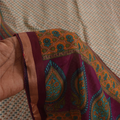 Sanskriti Vintage Sarees Ivory Indian Pure Silk Printed Sari 5+yd Craft Fabric