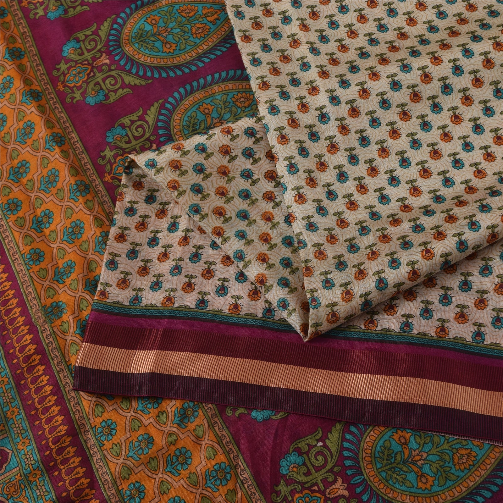 Sanskriti Vintage Sarees Ivory Indian Pure Silk Printed Sari 5+yd Craft Fabric