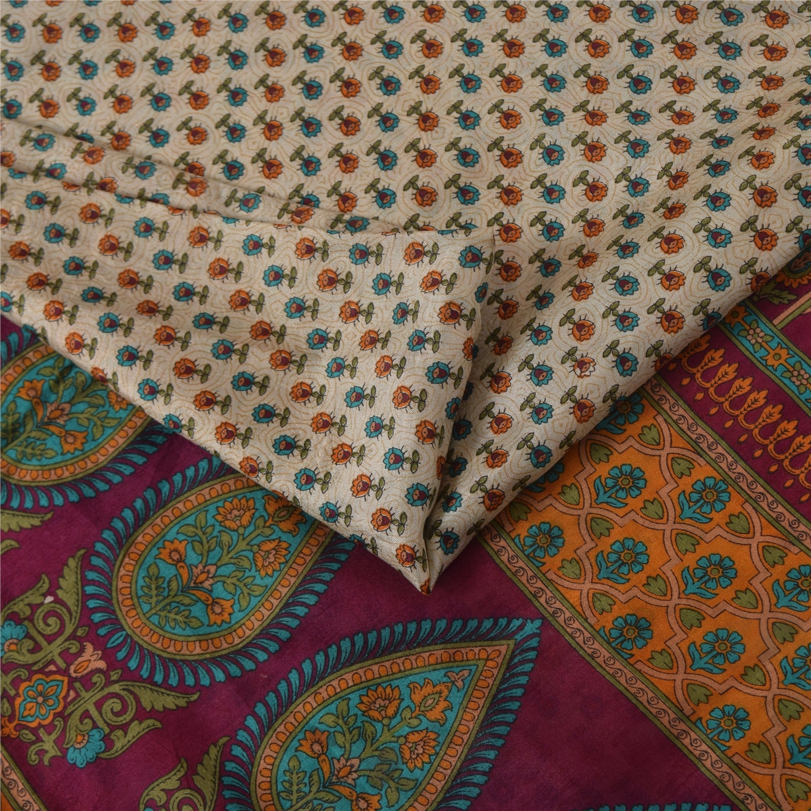 Sanskriti Vintage Sarees Ivory Indian Pure Silk Printed Sari 5+yd Craft Fabric