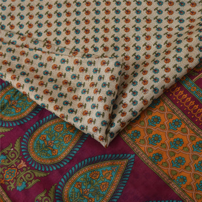 Sanskriti Vintage Sarees Ivory Indian Pure Silk Printed Sari 5+yd Craft Fabric