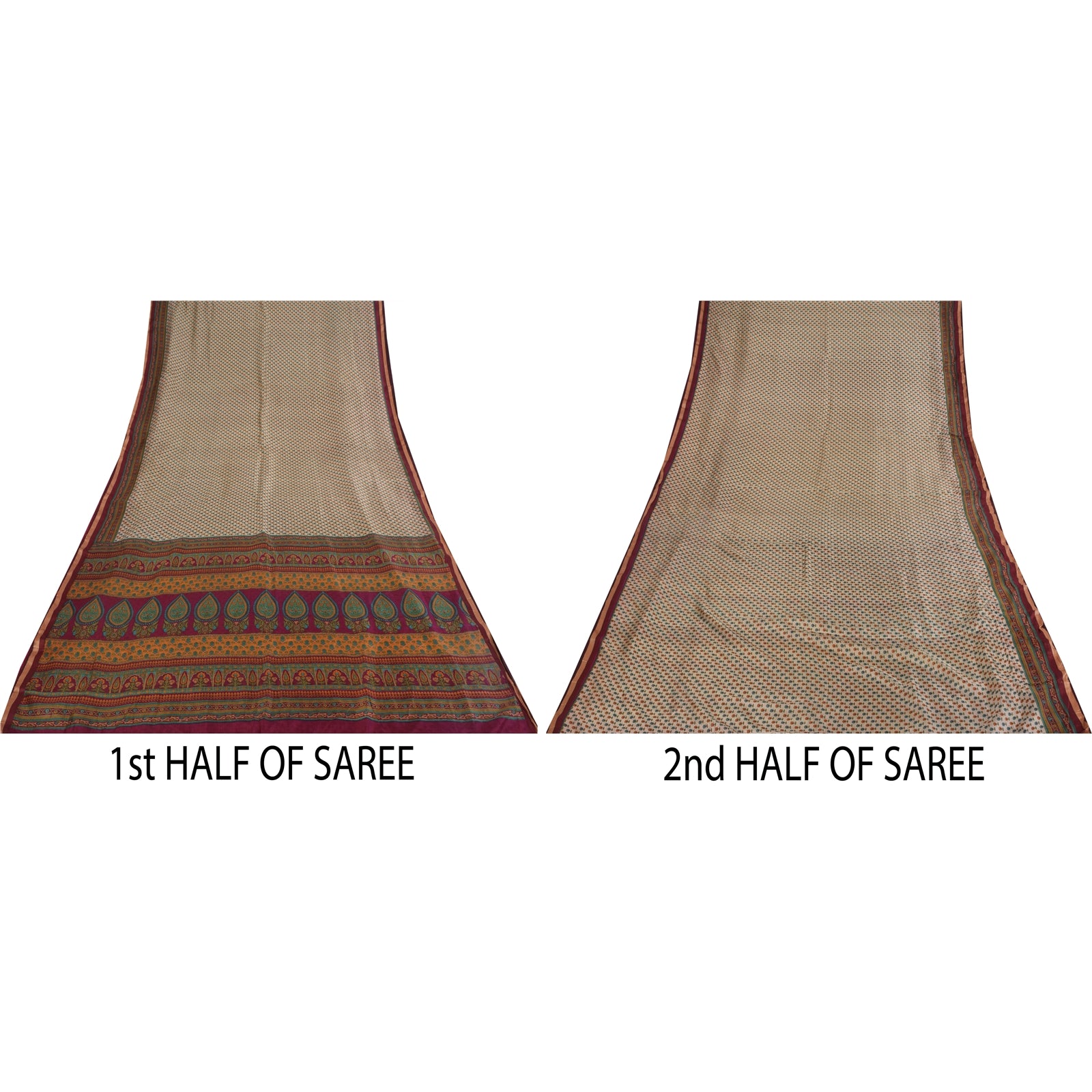 Sanskriti Vintage Sarees Ivory Indian Pure Silk Printed Sari 5+yd Craft Fabric