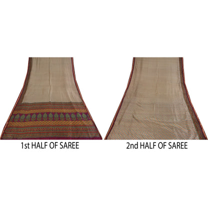 Sanskriti Vintage Sarees Ivory Indian Pure Silk Printed Sari 5+yd Craft Fabric