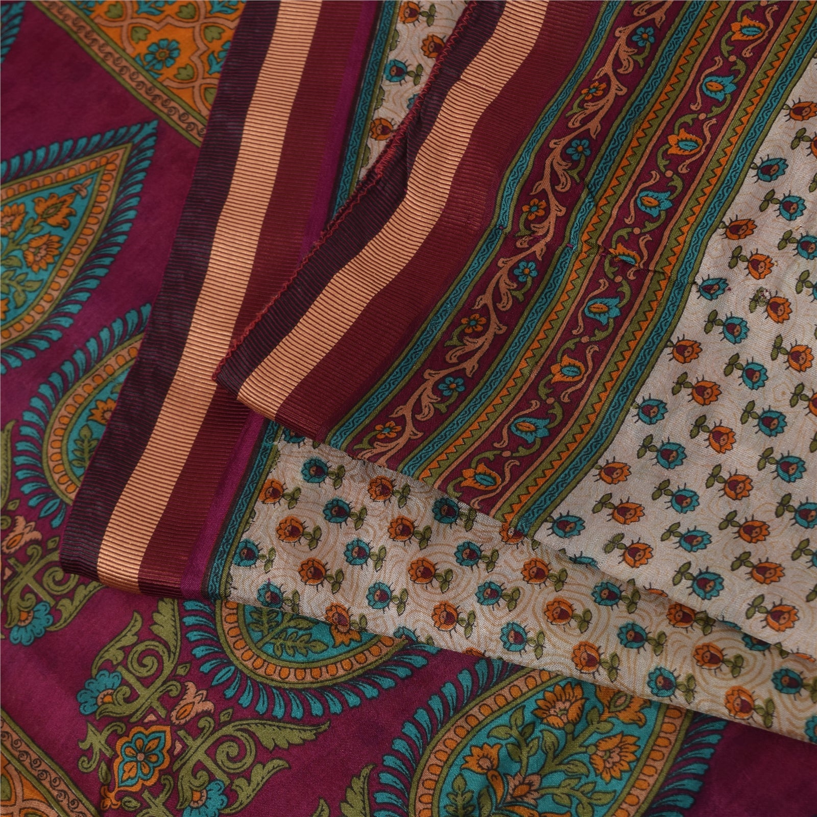 Sanskriti Vintage Sarees Ivory Indian Pure Silk Printed Sari 5+yd Craft Fabric