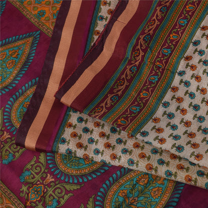 Sanskriti Vintage Sarees Ivory Indian Pure Silk Printed Sari 5+yd Craft Fabric