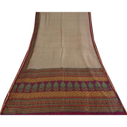 Sanskriti Vintage Sarees Ivory Indian Pure Silk Printed Sari 5+yd Craft Fabric