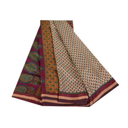 Sanskriti Vintage Sarees Ivory Indian Pure Silk Printed Sari 5+yd Craft Fabric