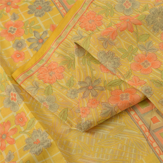 Sanskriti Vintage Sarees Yellow Indian Pure Silk Printed Sari 5+yd Craft Fabric