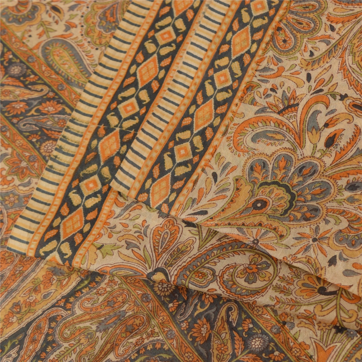 Sanskriti Vintage Sarees Peach 100% Pure Silk Printed Sari 6+yd Craft Fabric