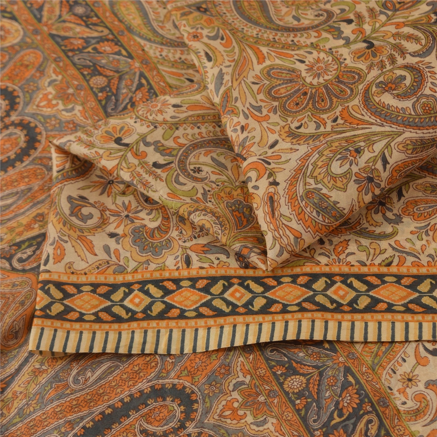 Sanskriti Vintage Sarees Peach 100% Pure Silk Printed Sari 6+yd Craft Fabric