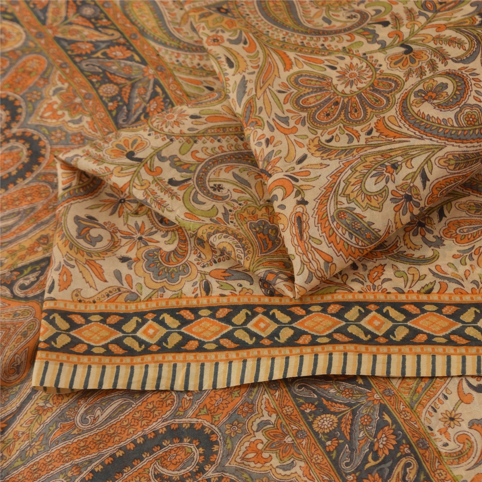 Sanskriti Vintage Sarees Peach 100% Pure Silk Printed Sari 6+yd Craft Fabric