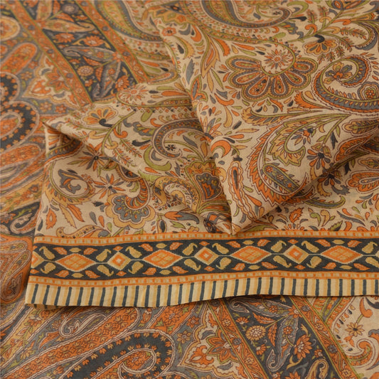 Sanskriti Vintage Sarees Peach 100% Pure Silk Printed Sari 6+yd Craft Fabric