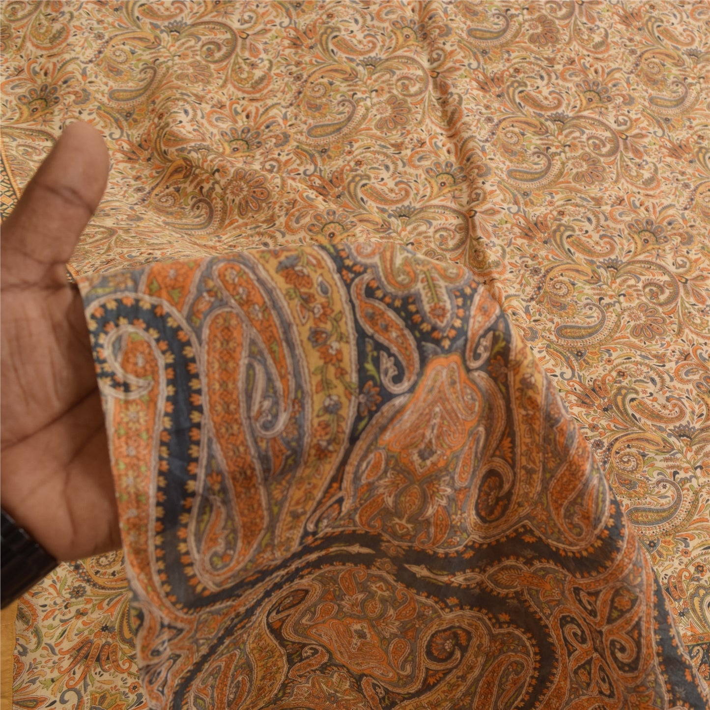 Sanskriti Vintage Sarees Peach 100% Pure Silk Printed Sari 6+yd Craft Fabric